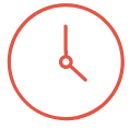 A red line-drawn clock icon with hands pointing to 10:10.